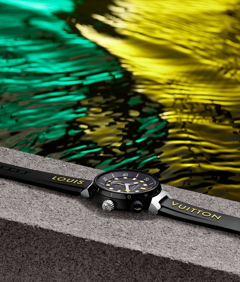 The article: Louis Vuitton presents its latest campaign for the Tambour Street  Diver watch featuring Tahar Rahim, Sophie Turner and Minho Lee